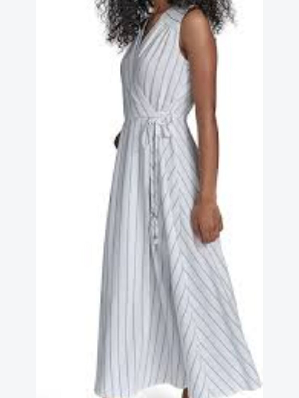 Calvin Klein White & Light Blue Striped Wrap Midi Dress